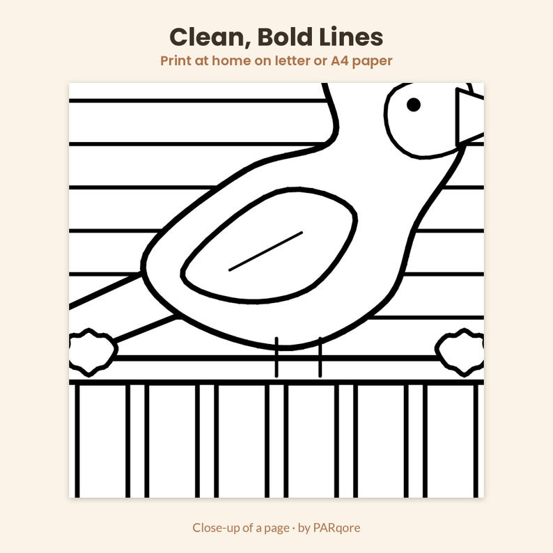May include: A black and white coloring page featuring a bird perched on a fence with horizontal lines in the background. The text at the top reads Clean, Bold Lines and Print at home on letter or A4 paper. The bottom text reads Close-up of a page by PARqore.