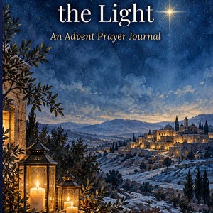 May include: A prayer journal titled Waiting for the Light: An Advent Prayer Journal, A New Life Daily companion. The cover features a starry night sky with a bright star over a stone village, lanterns with lit candles, and snowy stone walls.