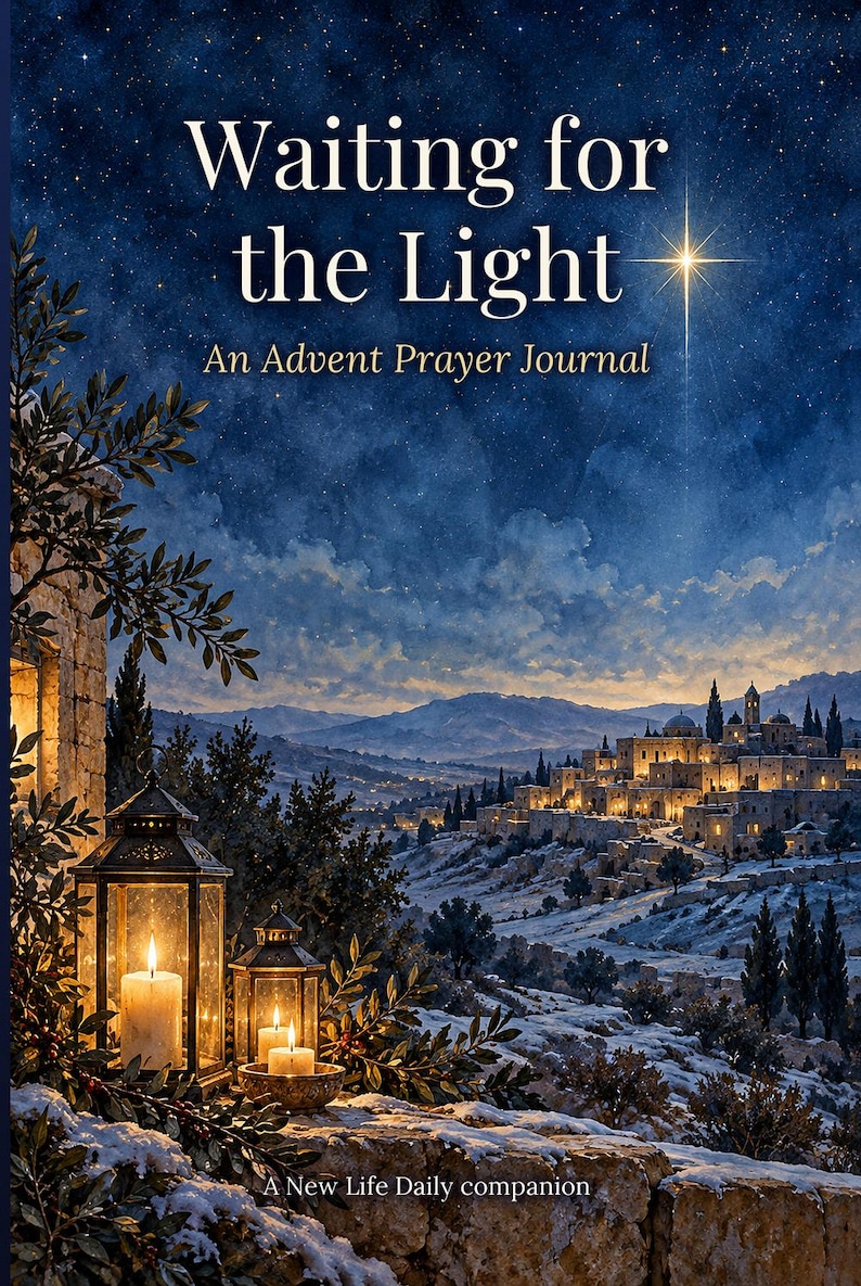 May include: A prayer journal titled Waiting for the Light: An Advent Prayer Journal, A New Life Daily companion. The cover features a starry night sky with a bright star over a stone village, lanterns with lit candles, and snowy stone walls.