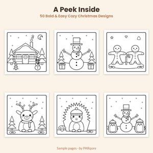 Pu&ograve; includere: Una pagina da colorare intitolata A Peek Inside 50 Bold & Easy Cozy Christmas Designs di PARqore. Presenta sei illustrazioni quadrate in bianco e nero che includono una baita, pupazzi di neve, omini di pan di zenzero e un riccio.