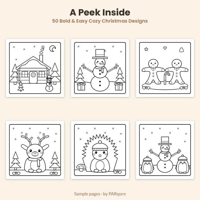Pu&ograve; includere: Una pagina da colorare intitolata A Peek Inside 50 Bold & Easy Cozy Christmas Designs di PARqore. Presenta sei illustrazioni quadrate in bianco e nero che includono una baita, pupazzi di neve, omini di pan di zenzero e un riccio.