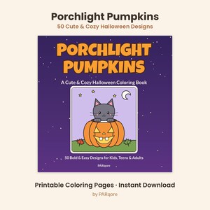 May include: A square coloring book cover titled Porchlight Pumpkins with 50 Cute & Cozy Halloween Designs. The purple background features a central illustration of a gray cat sitting inside an orange jack-o'-lantern under a crescent moon and stars.