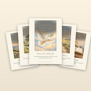 May include: Five printable greeting cards titled Everyday Faith Cards featuring scripture verses. Each card displays a unique landscape or nature scene, including a white dove, open books, and rolling hills, with text in English.