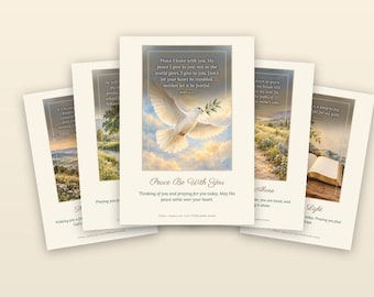 May include: Five printable greeting cards titled Everyday Faith Cards featuring scripture verses. Each card displays a unique landscape or nature scene, including a white dove, open books, and rolling hills, with text in English.