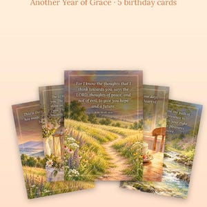 May include: A set of five printable Christian birthday cards featuring landscape illustrations and Bible verses. The cards display scenes of fields, streams, and lanterns with text including Jeremiah 29:11. The cards measure 5x7 inches.