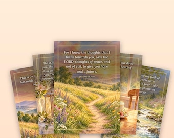 May include: A set of five printable Christian birthday cards featuring landscape illustrations and Bible verses. The cards display scenes of fields, streams, and lanterns with text including Jeremiah 29:11. The cards measure 5x7 inches.