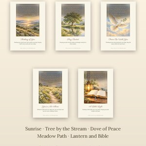 May include: A set of five 5x7 inch greeting cards featuring religious themes including a sunrise, a tree by a stream, a dove, a meadow path, and a lantern with an open Bible. Each card displays inspirational text and imagery.