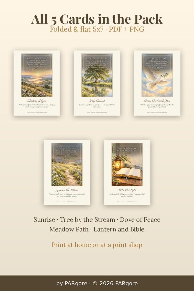 May include: A set of five 5x7 inch greeting cards featuring religious themes including a sunrise, a tree by a stream, a dove, a meadow path, and a lantern with an open Bible. Each card displays inspirational text and imagery.