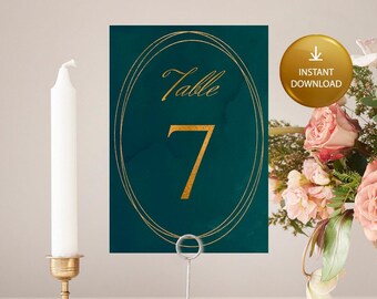 Wedding Table Numbers Printable, Green And Gold Table Signs, Elegant Modern Table Number Cards, Wedding Table Decor, Instant Download