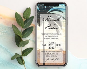 Beach Evite Wedding, Tropical Smartphone Invite, Editable Electronic Evite Template, Ocean Wedding Theme, Instant Download