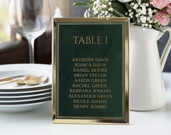 Emerald Green And Gold Table Numbers Template, Editable Seat Charts, Seat Signs, Wedding Signs, 5x7 Table Signage, Instant Download