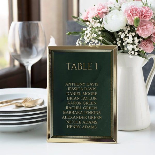 Emerald Green And Gold Table Numbers Template, Editable Seat Charts, Seat Signs, Wedding Signs, 5x7 Table Signage, Instant Download