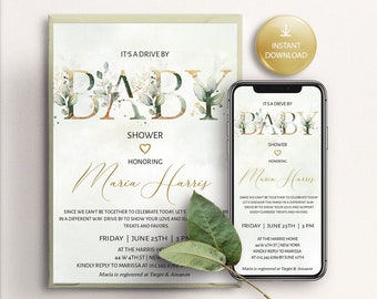 Editable Drive By Baby Shower Invitation Greenery Gold, Digital Invite, Electronic Evite, Social Distancing Baby Shower Parade, Drive Thru