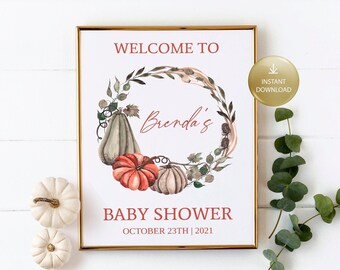 Fall Baby Shower Welcome Sign, Pumpkin Welcome Signage, Porch Sign, Editable Welcome Sign Template, Instant Download