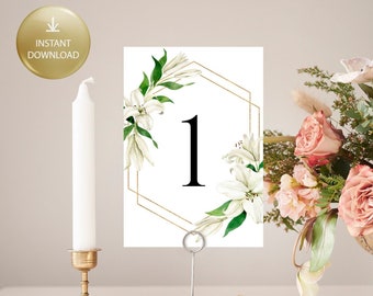Lily And Gold Table Numbers Template, Wedding Table Decoration, Printable Flower Table Numbers 1-20, Instant Download