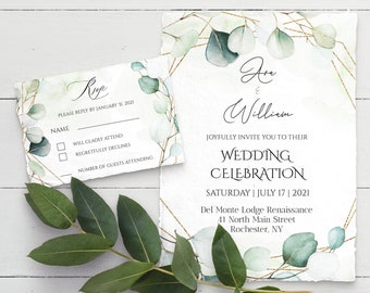 Eucalyptus Wedding Invitation Template, Greenery Invite, Instant Download, 100% Editable Template, White Green & Gold, G-1425
