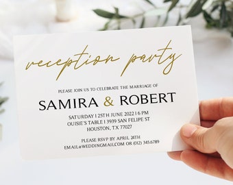 Wedding Reception Invitation Template, Minimalist Party Printable, Editable Wedding Invite, Black And Gold, Instant Download