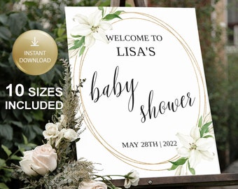 Baby Shower Welcome Sign Printable, Floral Greenery Sign Template, White Lily Baby Shower Poster, Instant Download