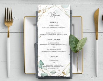 Greenery Leaf Printable Menu, Wedding Menu Template, 100 % Editable, Watercolor Eucalyptus, Green And Gold, Try Before You Buy, Siena