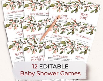 12 Baby Shower Games, Flower Baby Shower Games, Baby Shower Games Printable, Baby Shower Games Bundle, Editable Baby Party Games Template