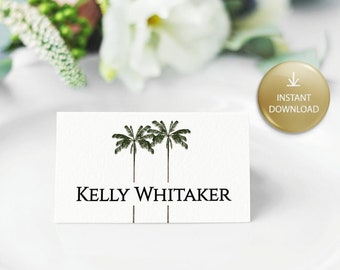 Wedding Place Card, Printable Beach Wedding Template, Editable Seat Name Card, Palm Tree Theme, Instant Download