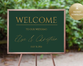 Emerald Gold Wedding Welcome Sign, Instant Download. Printable PDF Green Editable Signage Elegant Wedding Template