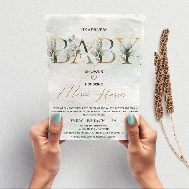Editable Drive by Baby Shower Invitation Greenery Gold, Digital Invite