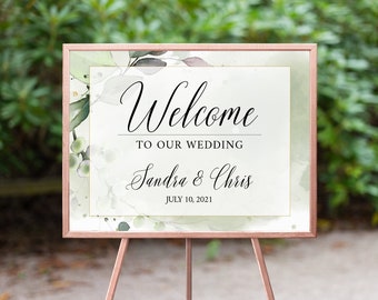 Greenery Welcome Signs, Welcome To Our Wedding Sign, Greenery Custom Sign, Editable Welcome Sign Template, Any Event, Instant Download