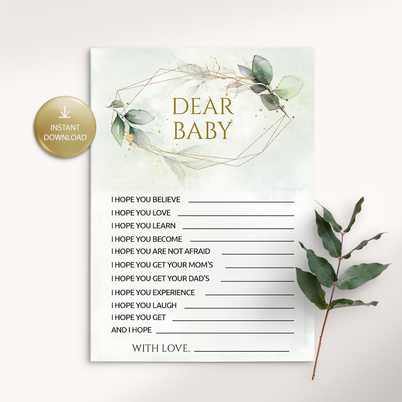 Dear Baby Well Wishes, Baby Shower Game Printable, Geometric Greenery