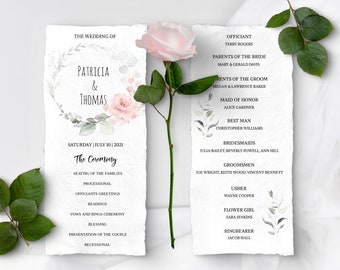 Wedding Program Template Download, Blush Floral Wedding Program, Instant Download, Pink Rose Printable, Ceremony Program, Fleur