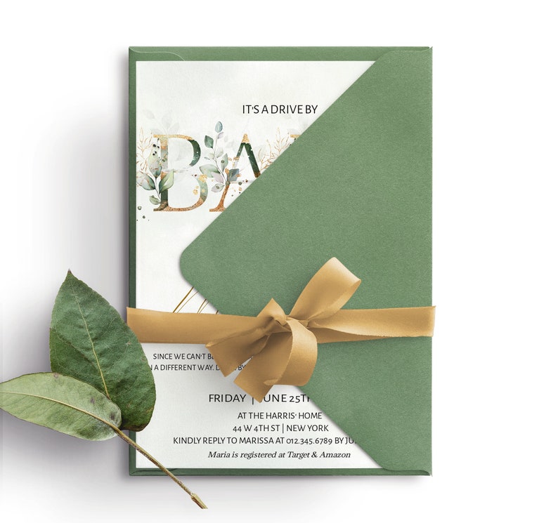 Editable Drive by Baby Shower Invitation Greenery Gold, Digital Invite