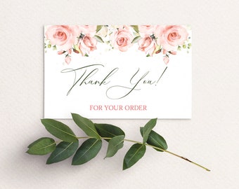 Thank You For Your Order Card, Printable Pink Roses Thank You For Shopping Cards, Etsy Shop Thank You For Purchase, Business Notes
