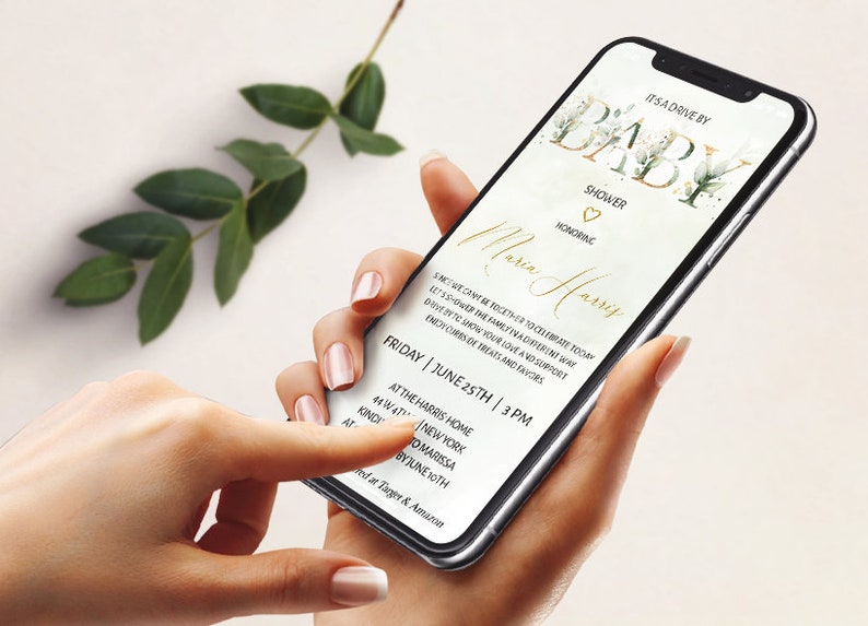 Editable Drive by Baby Shower Invitation Greenery Gold, Digital Invite