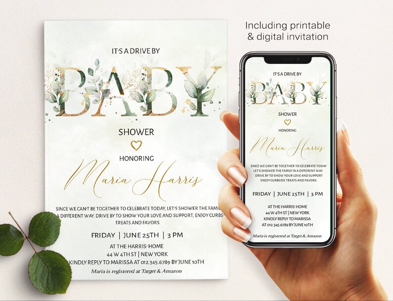 Editable Drive by Baby Shower Invitation Greenery Gold, Digital Invite