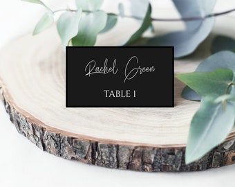 Black Place Card Template, Printable Tent Fold Wedding Card, Name Card, Seating Card, Instant Download, Editable