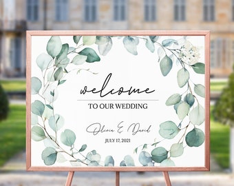 Greenery Wedding Welcome Sign, Eucalyptus Wedding Sign, Editable And Printable Instant Download, Green & White, TEMPLETT