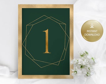 Printable Table Numbers Emerald Green And Gold 4 x 6, 5 x 7, A5, Wedding Table Numbers 1 - 20, Geometric Gold, Instant Download