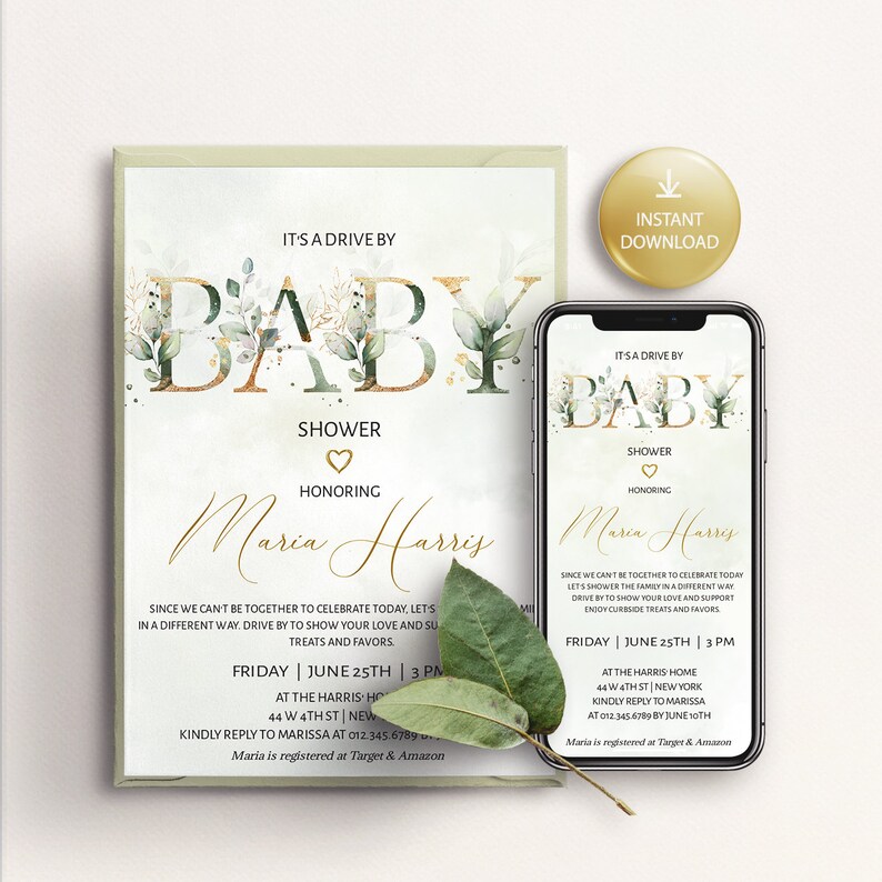 Editable Drive by Baby Shower Invitation Greenery Gold, Digital Invite