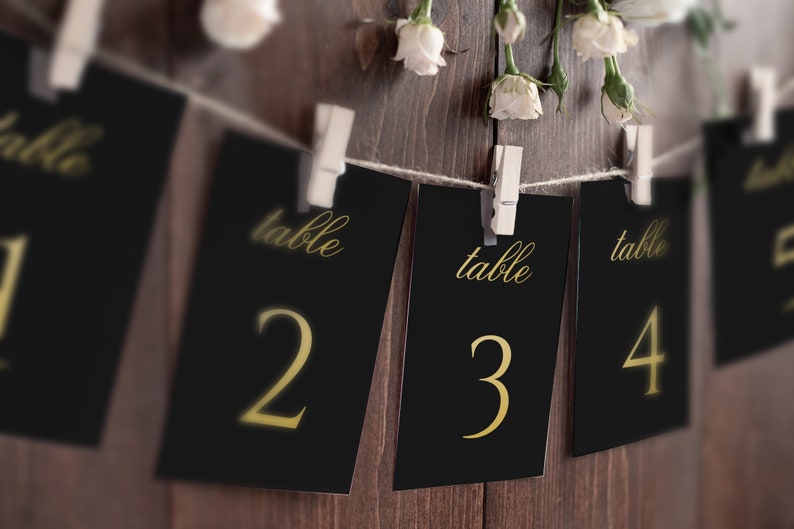 Black and Gold Table Numbers, Printable Wedding Table Names, Gold Table