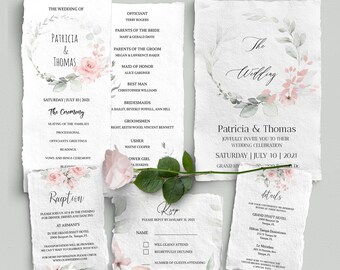 Wedding Invitation Suite, Elegant Wedding Bundle, Digital Download, Printable Wedding Invitation Set, Blush & Green, Editable Template,Fleur