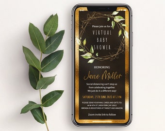 Editable Virtual Baby Shower Invitation, Gold And Black Digital Invite, Gender Neutral iPhone Evite, Social Distancing, Instant Download