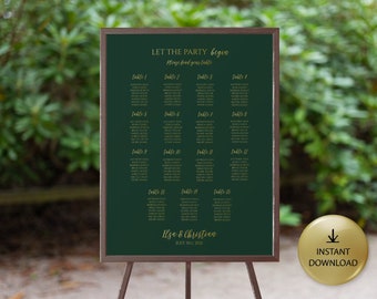 Emerald Green Wedding Seating Chart Template, Printable Green And Gold Seating Chart, Editable Seating Sign, Table Plan DIY