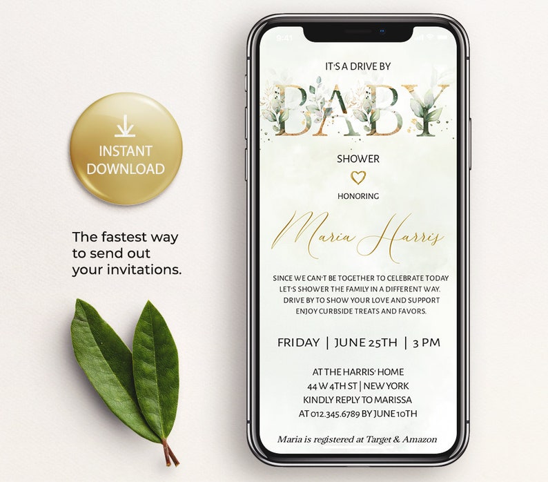 Editable Drive by Baby Shower Invitation Greenery Gold, Digital Invite