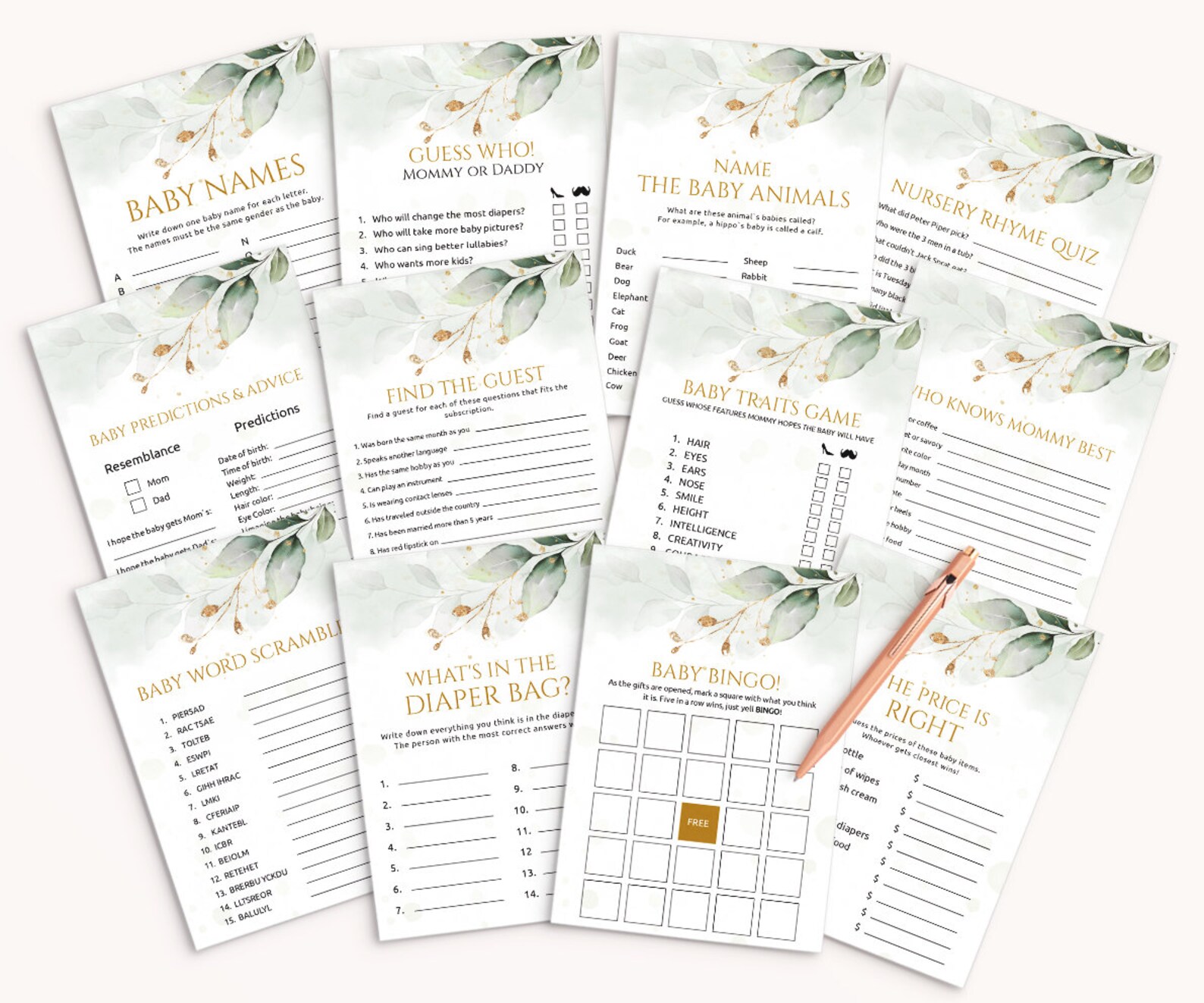 Printable Baby Shower Game Bundle Greenery And Gold Baby | Etsy