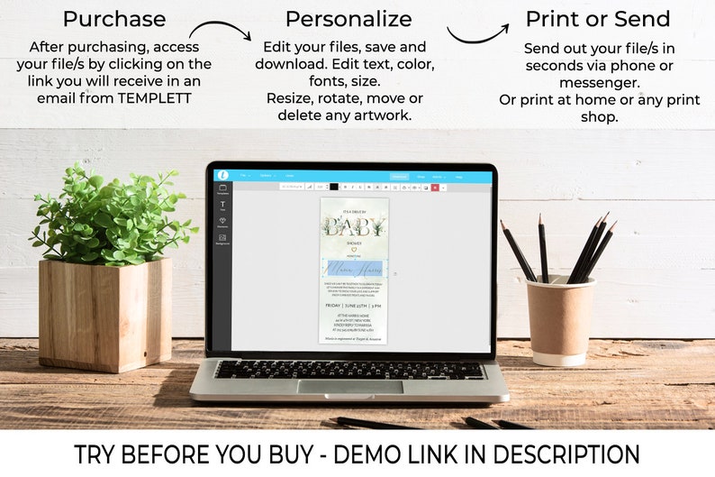 Editable Drive by Baby Shower Invitation Greenery Gold, Digital Invite