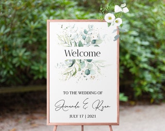 Greenery Welcome Sign, Wedding Printable Sign, Instant Download, Editable Template, Geometric Invitation, Gold, Eucalyptus Template, Siena