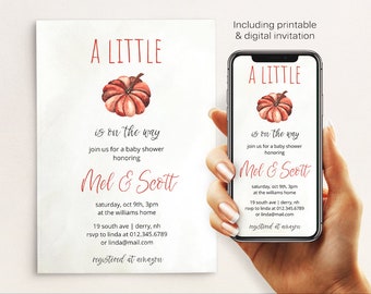 Pumpkin Baby Shower Invitation Template, A Little Pumpkin Is On The Way, Digital Baby Shower Invite, Electronic Evite, Fall Printable