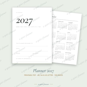 Pode incluir: Uma página de planejador branca 2027 com o texto One Year, One Step At A Time, campos para nome, e-mail, telefone e contato de emergência, ao lado de uma segunda página exibindo um calendário completo de 2027 de fevereiro a dezembro.