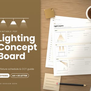 Può includere: Una bacheca di concept di illuminazione in PDF stampabile con un programma degli apparecchi e una guida CCT. Il documento comprende sei pagine in formato A4 e US letter, che mostrano diagrammi per i livelli di illuminazione ambientale, operativa e d'accento.