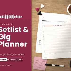 Setlist-Vorlage zum Ausdrucken, Konzertplaner, Bühnenplan & Ausrüstungsliste für Bands, Checkliste für Musikerequipment, PDF für Live-Musik-Performances